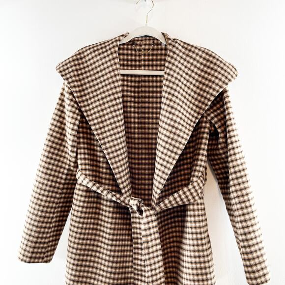 Elie Tahari Vienna Belted Wool Blend Plaid Wrap Coat Jacket Tan Small - Picture 10 of 10